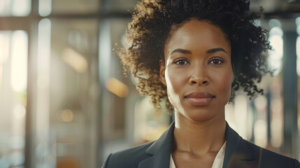 Fototapeta premium A woman with curly hair is wearing a business suit and smiling