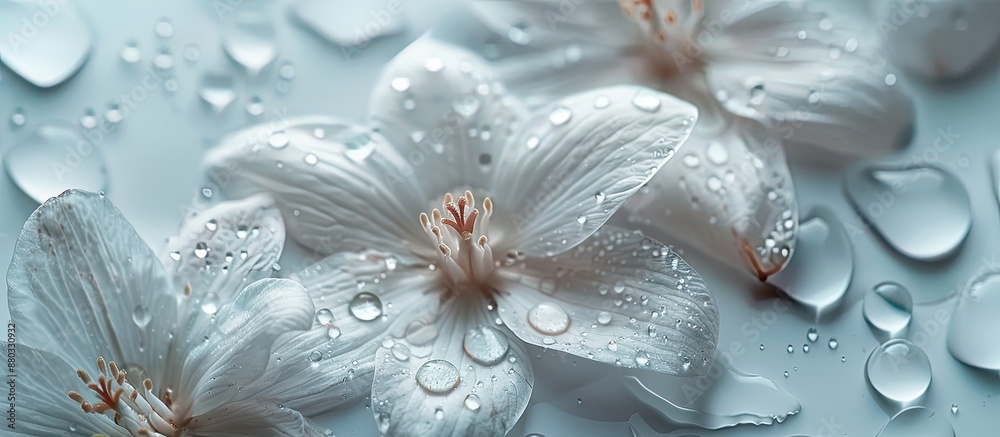 Poster white flower petals with water drops on them displayed in a copy space image