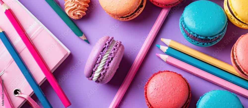 Poster A vibrant mix of colored pencils macaroons and a notebook displayed against a purple backdrop featuring copy space image