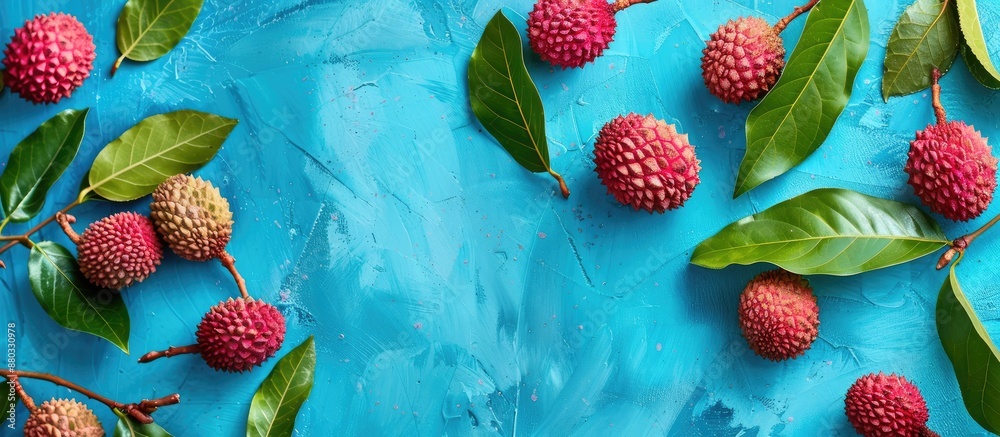 Aufkleber flat lay of fresh ripe lychees with leaves on a blue backdrop offering copy space for text