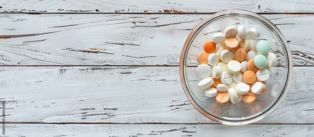 Leinwandbilder sugar coated pills displayed on a glass dish against a white wooden backdrop with space for insertin