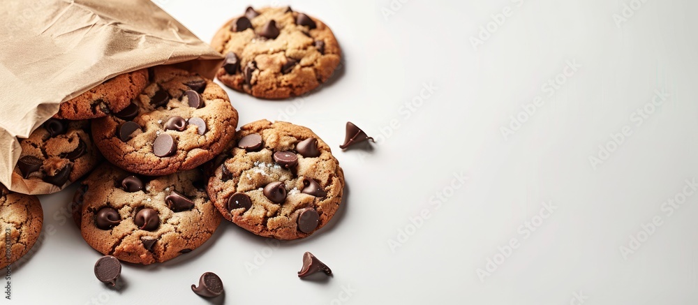 Leinwandbilder chocolate chip cookies with a paper bag on a white background allowing for text placement in the cop