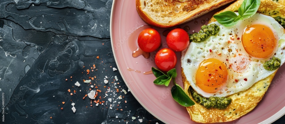 Poster a close up image of a nutritious breakfast on a pink plate set against a black stone backdrop with r