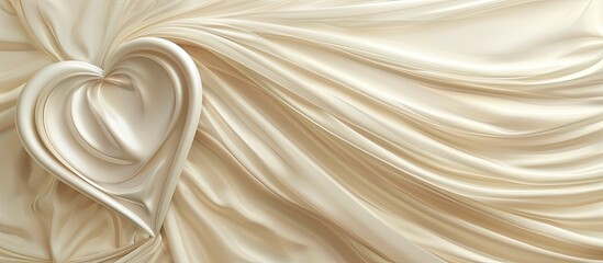 Fototapeta premium Heart shaped frame card in exquisite beige silk with a pearly white wave design set against an abstract textured backdrop with ample copy space image