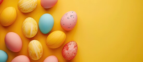 Colorful eggs on an Easter themed yellow backdrop enhance a copy space image