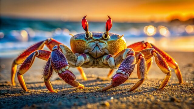 Vibrant Painted ghost crab standing upright on sandy beach with distinctive shell patterns, Isla de la Plata, Machalilla national park, Ecuador.