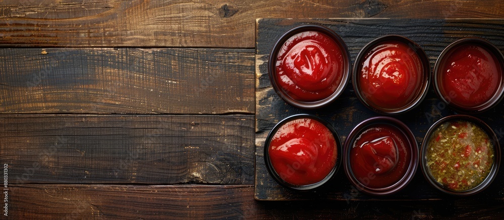 Poster a top down view shows three types of red tomato sauces classic ketchup barbecue and sweet sour chine