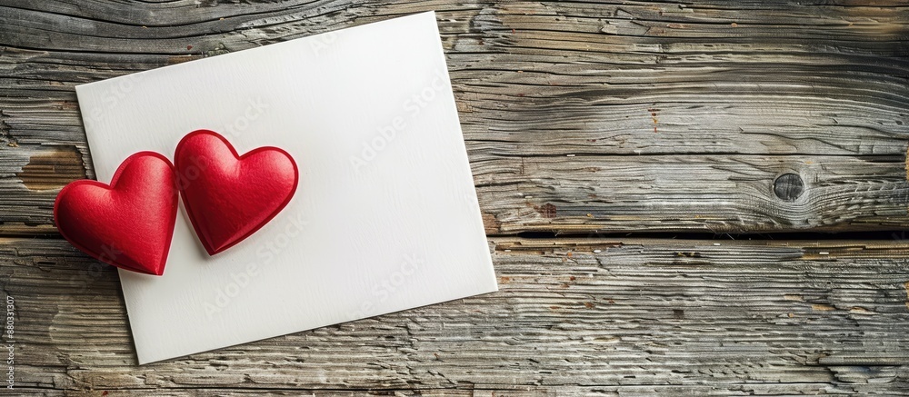 Poster top view of a blank valentine s day greeting card with two red hearts on a wooden surface offering p