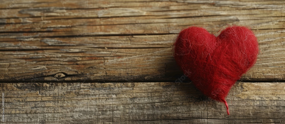 Poster handmade red heart crafted from felt resting on a wooden table creating a charming blank for greetin