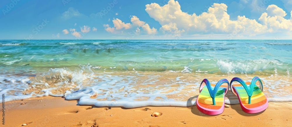Poster sunny beach scene featuring flip flops with a colorful background suitable for copy space image