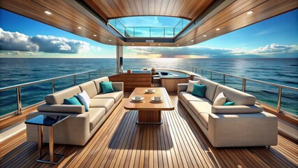 Fototapeta premium Luxurious empty yacht deck with sleek lines, polished wood, and elegant furnishings, set against a serene turquoise ocean backdrop.