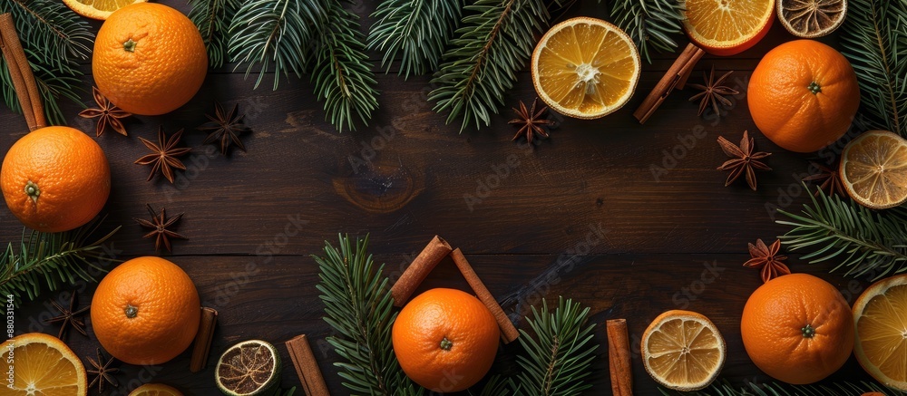 Aufkleber citrus fruits spices and pine branches arranged on a wooden backdrop with copy space image