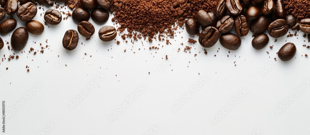 Poster coffee beans and ground coffee on a white background for a copy space image