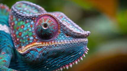 Fototapeta premium Chameleon Changing Color- Photograph a chameleon mid-transformation as it changes color to blend into its surroundings. Focus on the intricate details of its skin