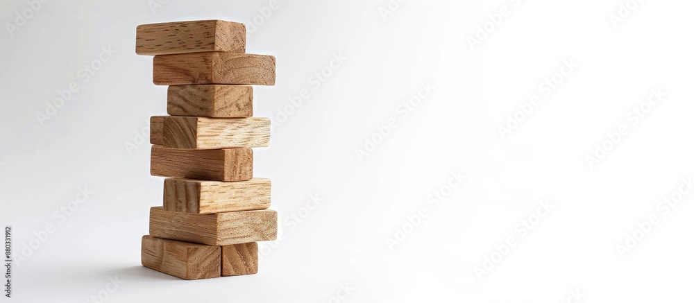 Poster Wooden block tower game with a white backdrop features ample copy space image