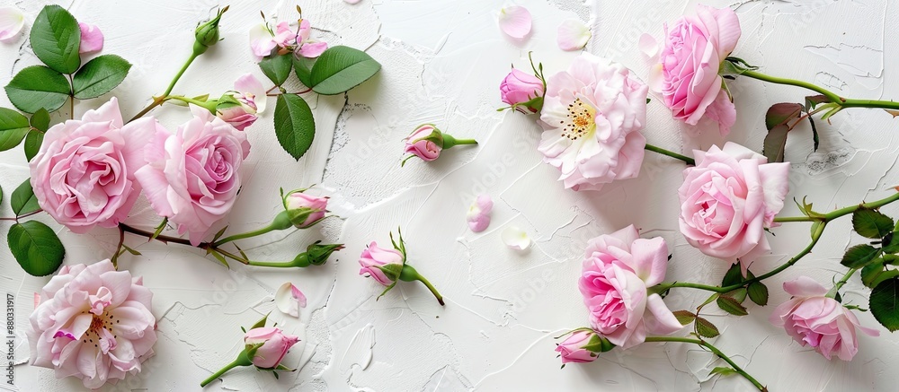 Poster top view flat lay of a festive pink english rose arrangement on a white surface for celebratory occa