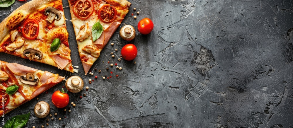 Aufkleber Pizza slices with cheese chicken ham mushrooms and tomatoes on a stone background for your text alongside the copy space image