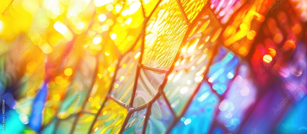 Poster blurry abstract background featuring sunlit stained glass with vibrant colors perfect for copy space