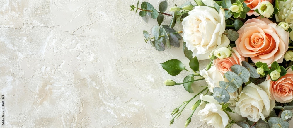 Aufkleber flat lay with guest list and lovely flowers on a light textured backdrop offering copy space image