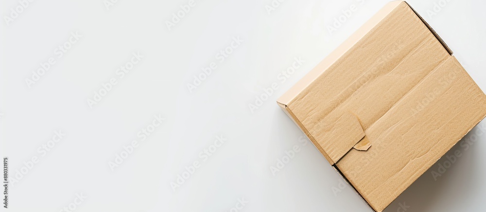 Poster Carton box parcel with a blank cap seen from a perspective angle on a white background suitable for copy space image