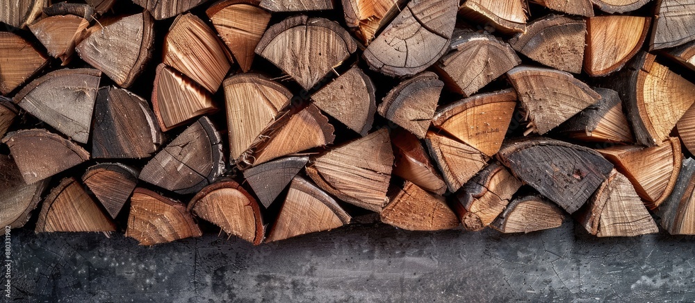 Poster chopped oak firewood arranged in a rustic setting with a natural background perfect for a copy space