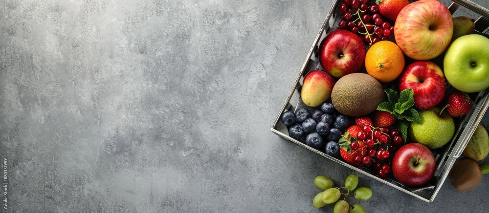 Poster light grey table with an assortment of exotic fruits in a crate seen from above ideal for adding tex