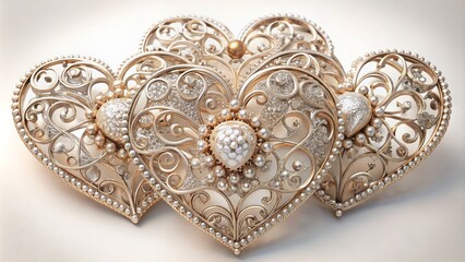 Obraz premium Luxurious golden heart-shaped ornaments adorned with sparkling crystals and delicate filigree details against a soft, snowy white background.