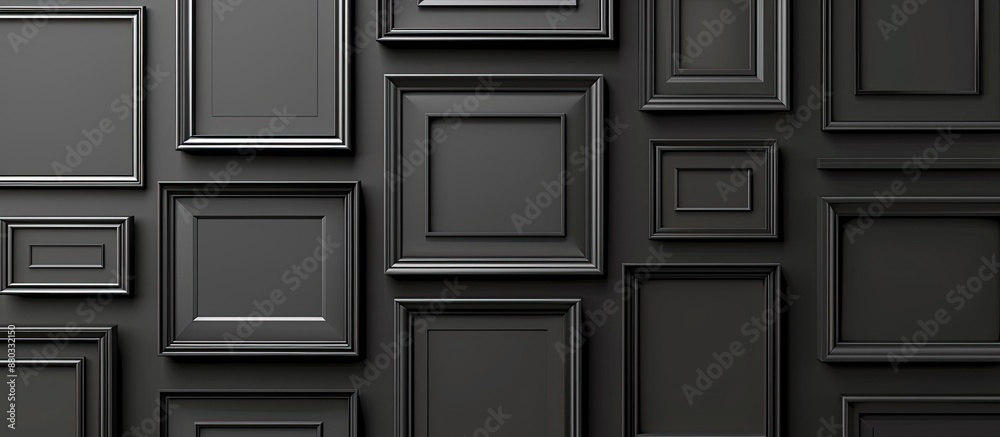 Poster Black wall adorned with empty frames serves as a mockup for design presenting a copy space image