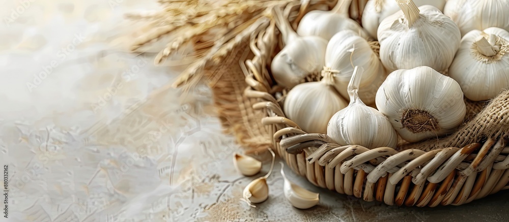 Poster a detailed shot of garlic on a wicker basket with a blank area on the right for additional content i