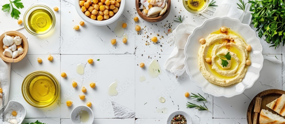 Aufkleber White tiled table with delicious hummus and chickpeas in a flat lay composition leaving room for text on the copy space image