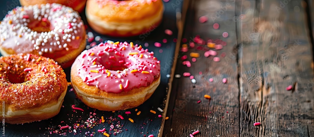 Aufkleber Traditional sweet donuts on a black backdrop displayed on an old wooden table with a clear area for images Delicious yet not so healthy treats. with copy space image. Place for adding text or design