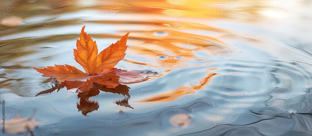 Fototapete Autumn colored maple leaf floating on the water s surface creating a serene image with copy space