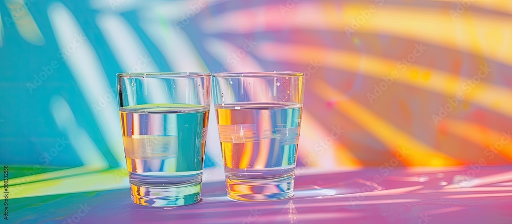 Poster clear water glasses on colorful backdrop with copy space image