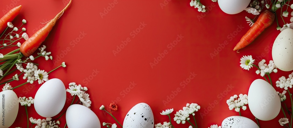 Poster easter themed greeting card set against a red backdrop with room for text or images featuring white 