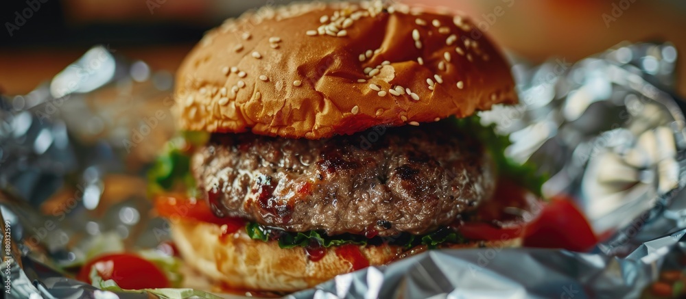 Fototapete close up image of a large beef hamburger in foil packaging with copy space image