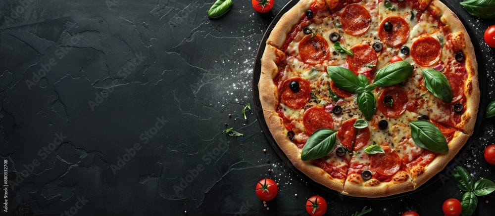 Poster top view of homemade pizza on a black background with copy space image