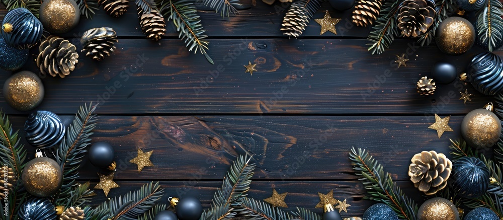 Poster Top view shot of a Christmas themed border banner with dark blue and gold ornaments tree branches and an old wood background suitable for adding copy space image