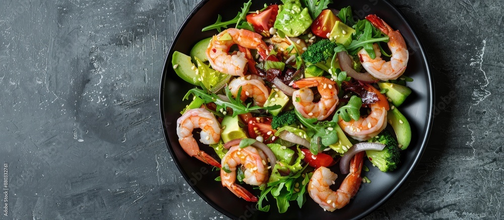 Leinwandbilder a salad with shrimp avocado and vegetables presented on a black plate against a gray backdrop provid