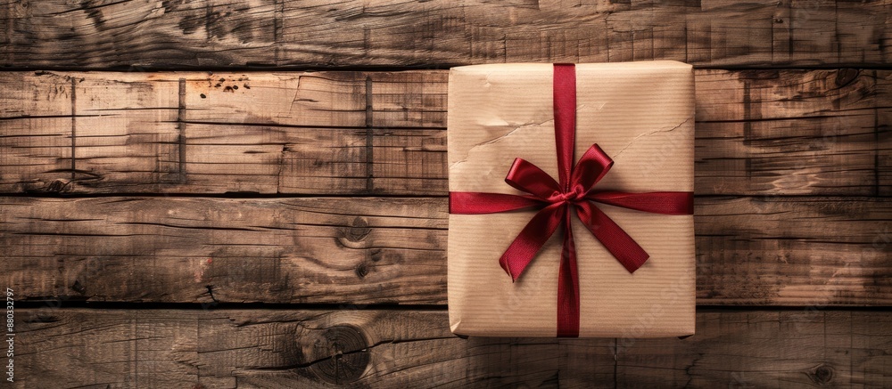 Poster Gift wrapped in simple brown paper with a ribbon and bow set against a backdrop of weathered wooden boards allowing for a copy space image