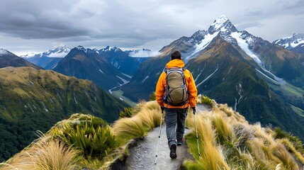 A solo traveler hiking a scenic mountain trail, overlooking a breathtaking vista of snow-capped peaks and lush valleys bathed in golden morning light.