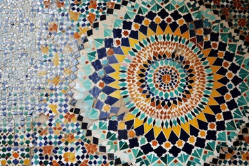 Obraz premium Vintage tile floor with colorful patterns, A tile mosaic pattern from a Moroccan riad, AI generated