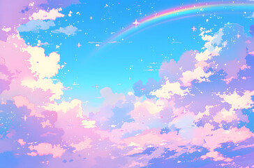 pastel background with pink, blue and purple clouds in the sky, rainbow and stars