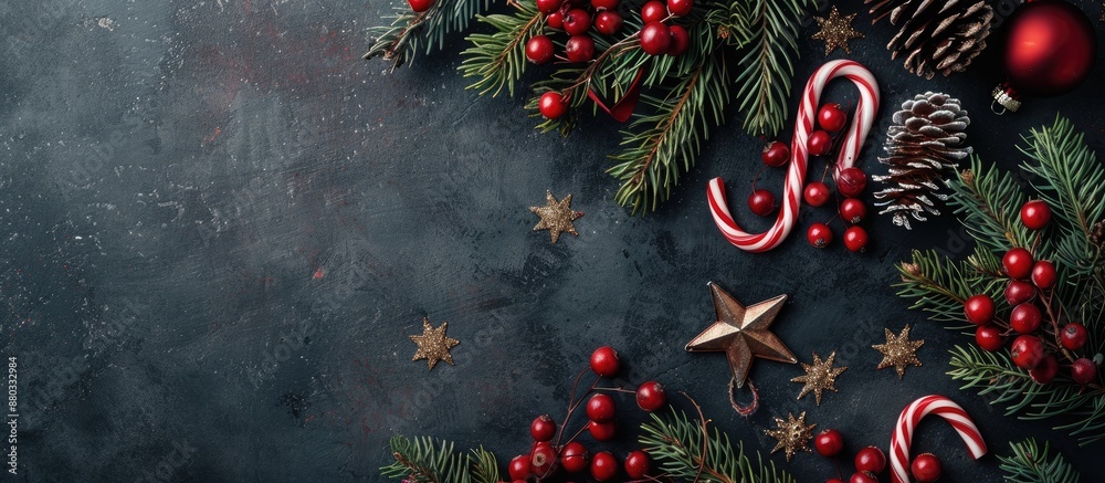 Aufkleber Overhead view of a festive Christmas arrangement including berries star ornaments candy canes and spruce branches with space for adding text or images. with copy space image