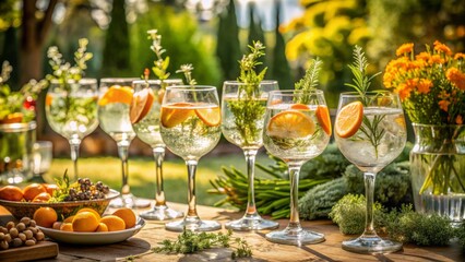 Elegant outdoor summer gathering setup with ornate garden backdrop, featuring refreshing orange and rosemary infused gin tonics in sophisticated glasses.