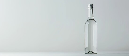 A clear bottle of wine sits on a white backdrop providing copy space image