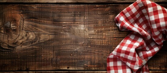 Wooden table background with checkered napkin provides copy space image