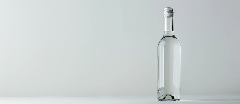 A clear bottle of wine sits on a white backdrop providing copy space image