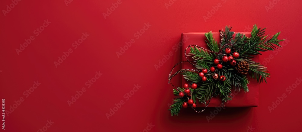 Aufkleber A Christmas themed gift decorated with green tree branches and red berries on a red background for a flat lay composition including copy space for additional elements