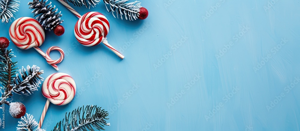 Poster top down view of a decorative christmas lollipop on a blue background in a flat lay composition with