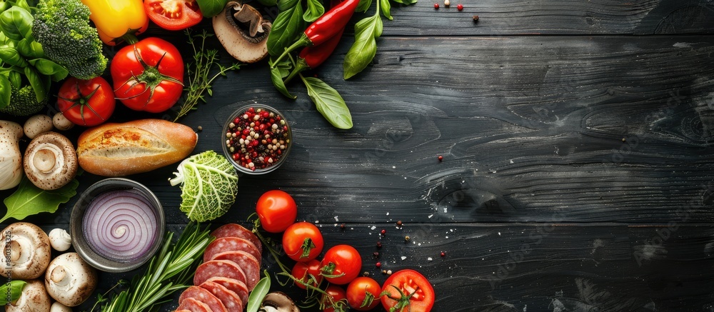 Aufkleber pizza ingredients like mushrooms sausages tomatoes and vegetables arranged from a top view on a blac
